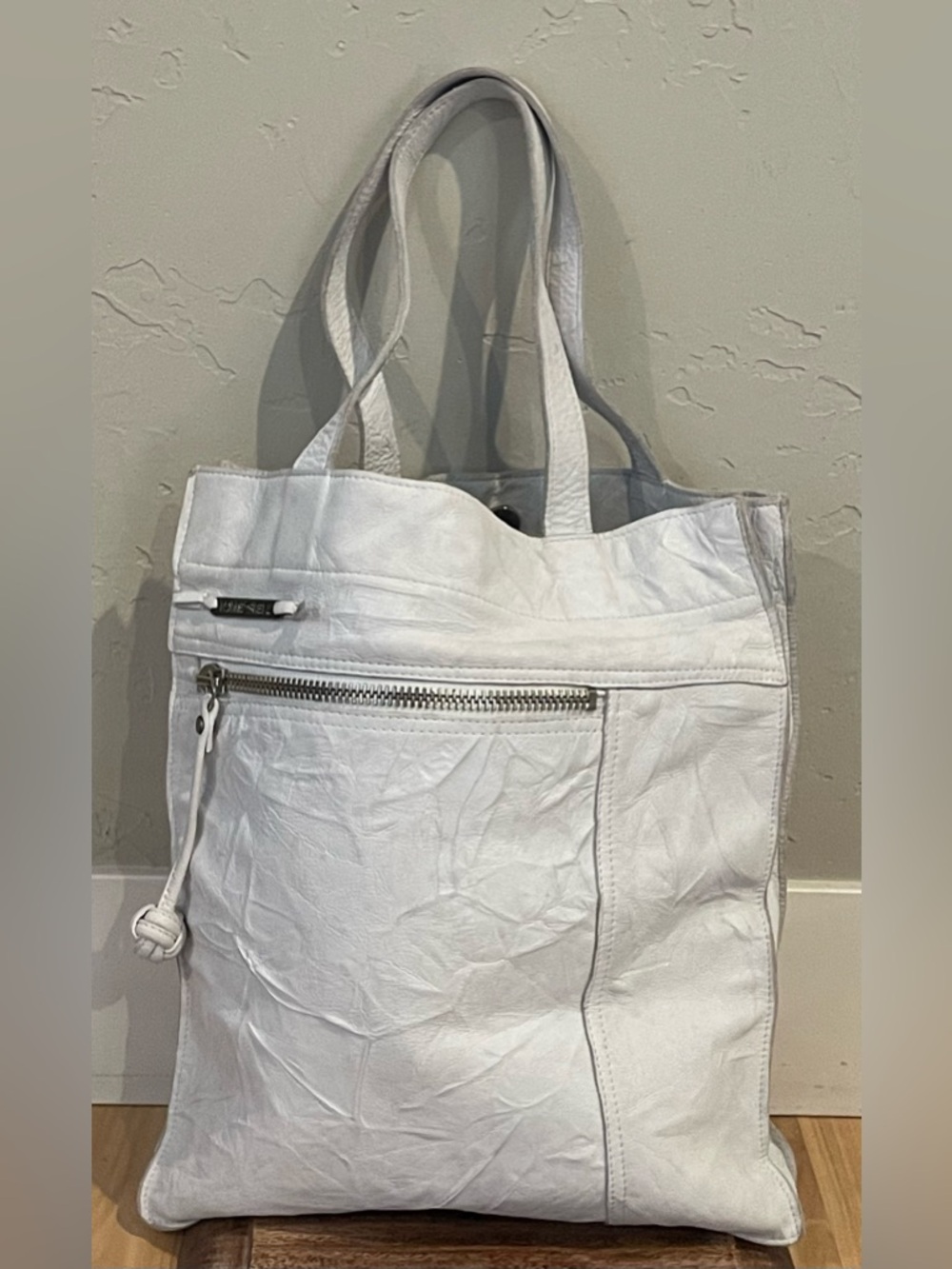 Deisel White Crinkled Leather Tote Bag